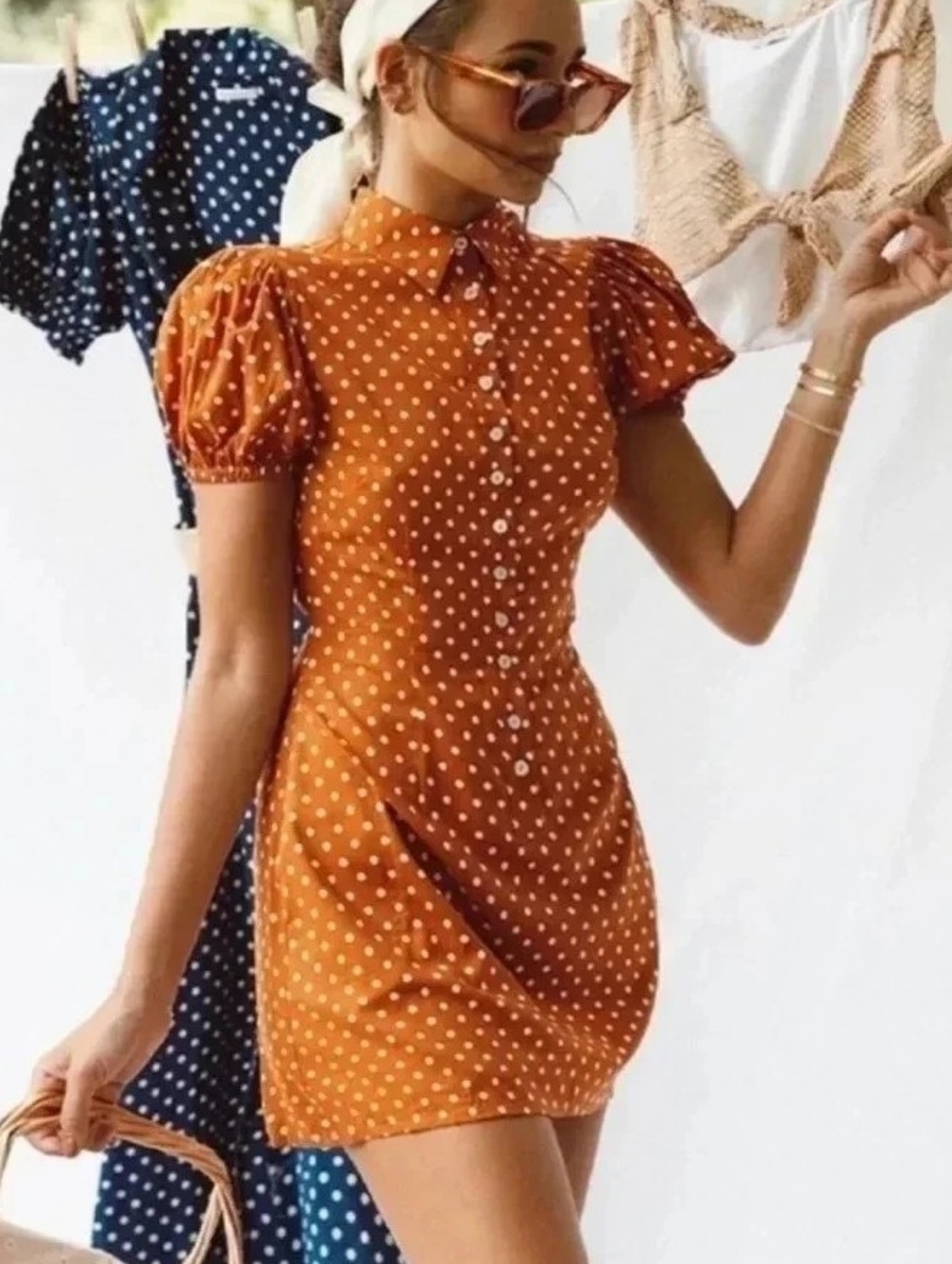 WeWoreWhat Orange White Polka Dot Puff Sleeve Pockets Elle Mini Dress Medium NWT